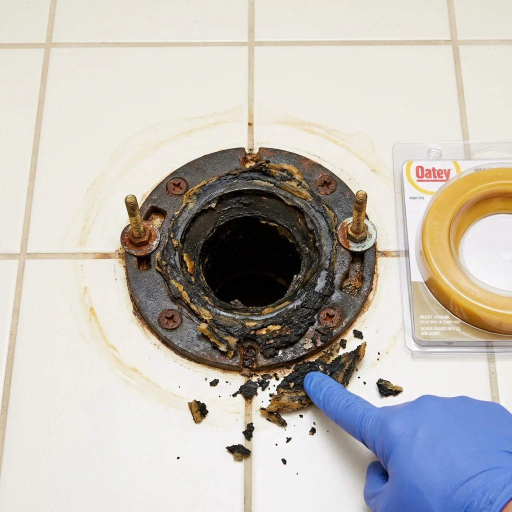 Failed wax ring showing water seepage at the base of a toilet in a Washington, IL home