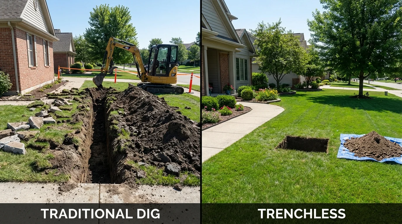 Trenchless sewer repair with minimal yard damage versus traditional excavation in Washington, IL