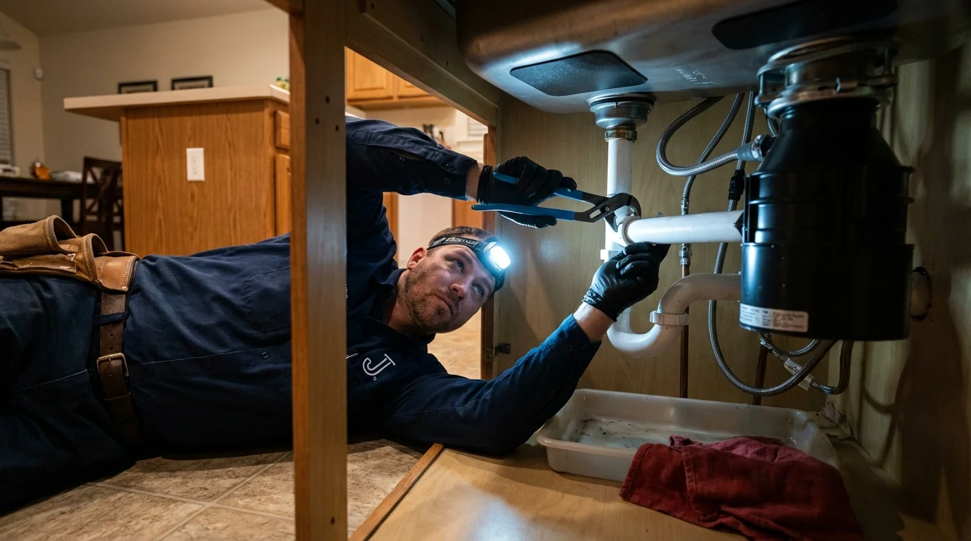 P-trap and supply line connections under a kitchen sink showing a common leak point in Washington, IL